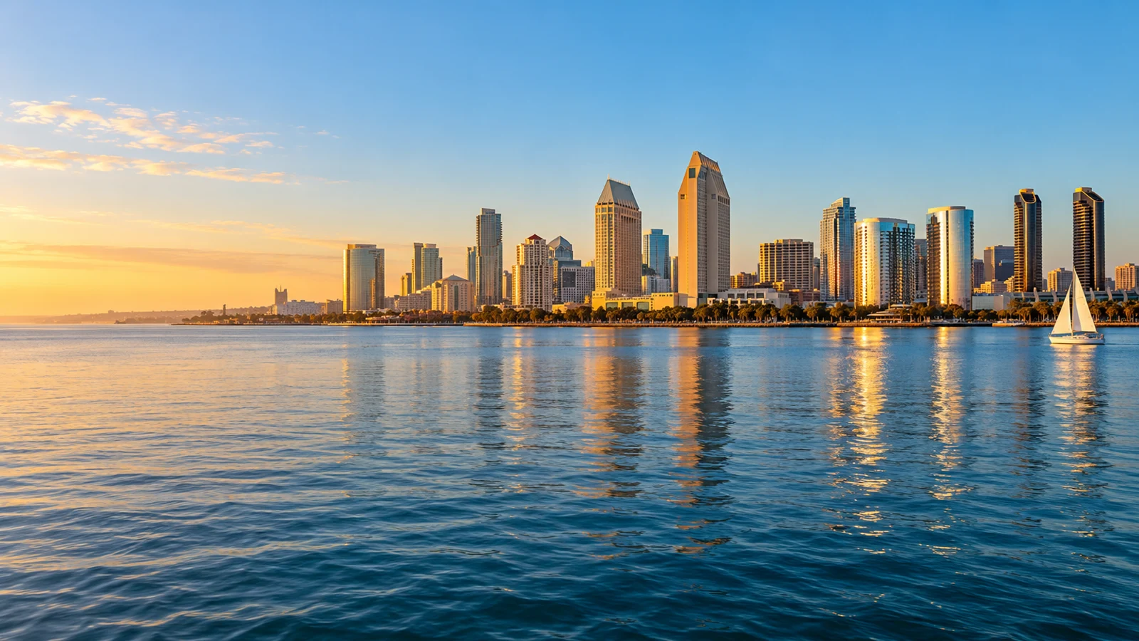 San Diego skyline across the bay at sunset